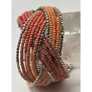 Pink and Peach Braided Beaded Cuff Bracelet with Silver Beaded Boarder